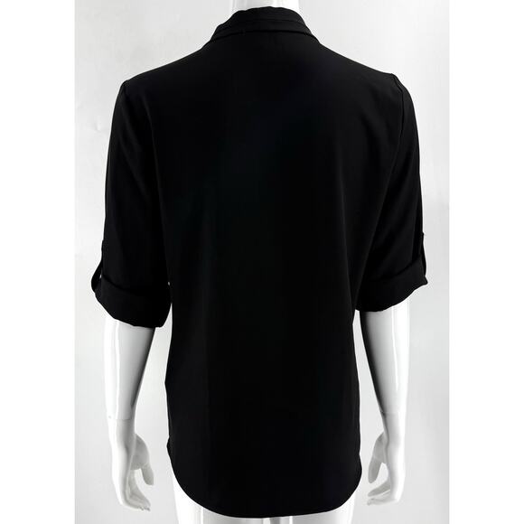 Calvin Klein Top Size Small Black V Neck Surplice Roll Tab Sleeve Stretch Womens - Picture 3 of 6